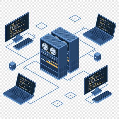 Isometric server connecting computers. Network connection. Computing internet digital technology. Web hosting concept. Isometric technology