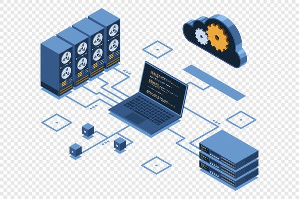 Isometric cloud technology computing. Cloud storage. Isometric network with computer, laptop, and server. Isometric technology