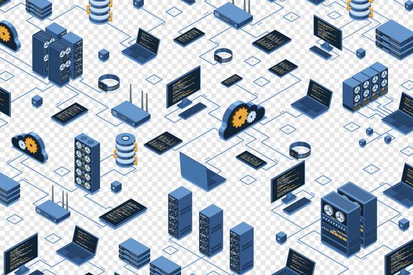 Isometric data network management. Cloud storage data and synchronization of devices. Networking, database, cloud storage. Isometric