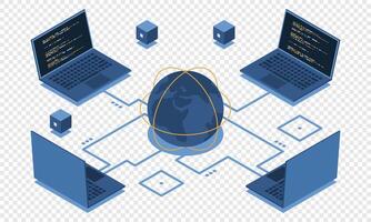 Laptops and globe depicting network connections vector