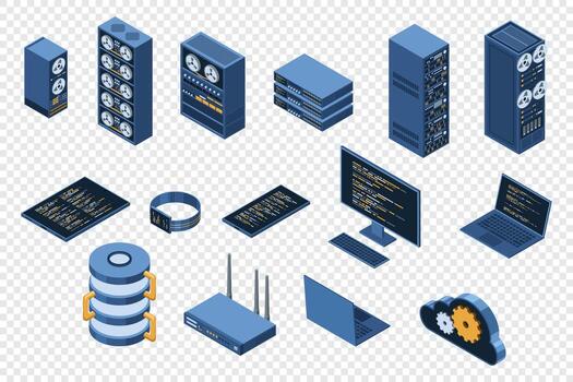 conjunto de isométrica computadora tecnología. isométrica conjunto servidor equipo. nube red y base de datos plataforma. isométrica tecnología vector