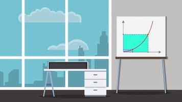 Animated of an office with a workplace. Office board with charts and a view of a business center with skyscrapers from the window. Motion design on the theme of business, startups and workplace video