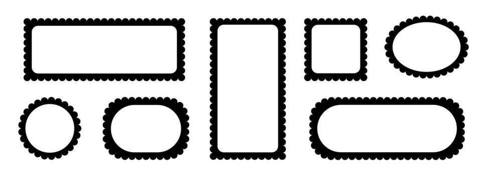 Border frame scallop edge rectangle, oval, round shape. Wave scallop squiggle cute simple rectangle border set. Simple wavy squiggly line retro photo picture frames vector