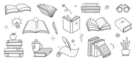 Book library stack sketch set. Hand drawn sketch doodle style line book stack. Library, reading, school doodle concept icon background. Blue pen line style strokes vector
