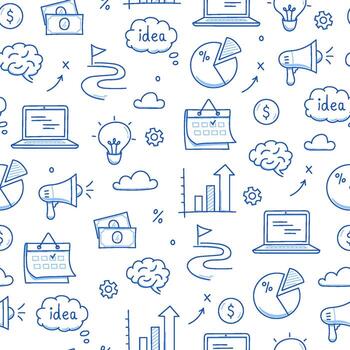 Business idea doodle seamless pattern background. Business success, creative idea concept doodle drawn sketch style pattern with lightbulb, megaphone, calendar elements. vector