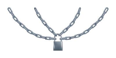 Chains hanging closed on padlock. Free curved wrapped around 3d linked rings. Steel silver break jail concept. Weak or strong iron security. Metal prison lock, overlay for blocked secret content vector