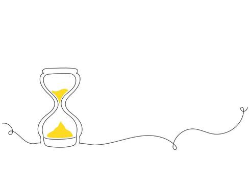 One continuous line drawing of an hourglass with flowing sand. Minimalist retro timer symbolizing time passing, business deadlines, and urgency. Simple linear doodle style vector