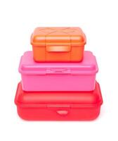 Set of plastic lunch boxes on white. photo