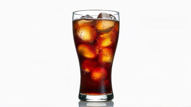 A clear glass filled with sweet cold cola and ice cubes, isolated on a white background. Suitable for illustrating refreshing beverages and soft drink concepts. photo