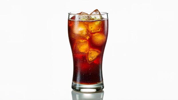 A cold glass of cola with ice cubes isolated on a white background. Suitable for illustrating beverages, refreshment, or drink concepts. photo