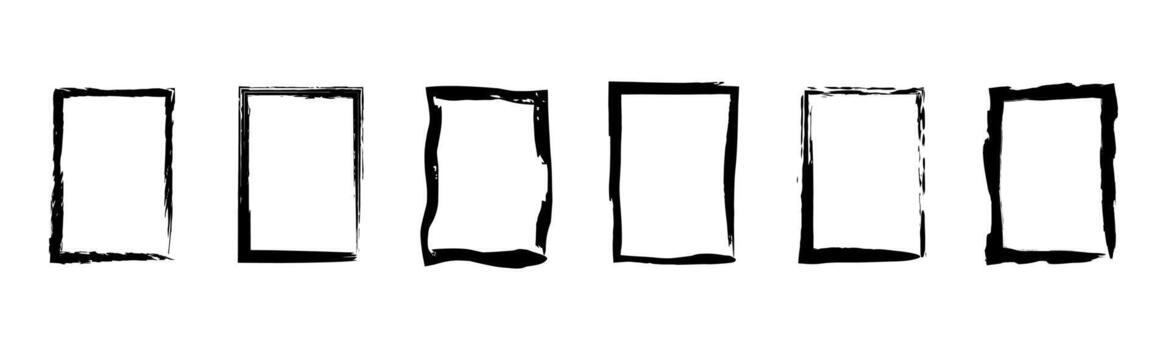 Six Grunge Style Rectangular Frames Black Ink Borders for Design vector