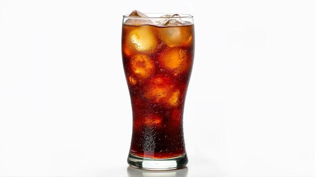 A cold glass of cola filled with ice cubes isolated on a white background. Suitable for beverage advertisements, menu designs, and refreshment concepts. photo