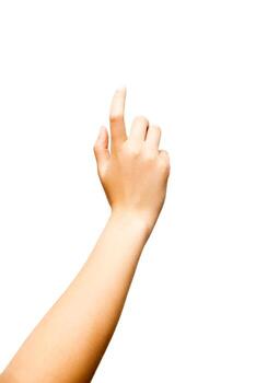 A single human hand with fingers extended is isolated on a white background, pointing upward. Suitable for concepts involving direction, selection, touch, or interface interaction in digital or print media. photo