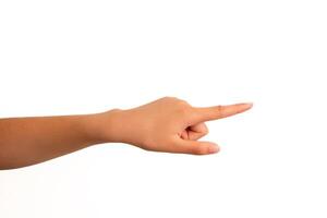 A human hand with light brown skin is pointing with the index finger, isolated on a white background. Suitable for concepts of direction, instruction, navigation, or user interface design. photo