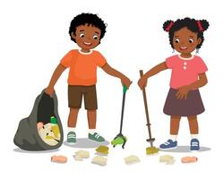 Children picking up litter together vector