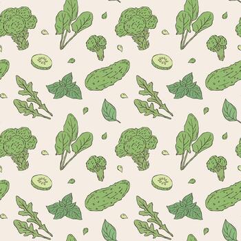 Seamless pattern featuring hand drawn illustrations of broccoli, spinach, arugula, cucumber, and basil in a minimalist doodle style vector