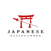 japanese torii gate and samurai sword logo design stock template illustration vector