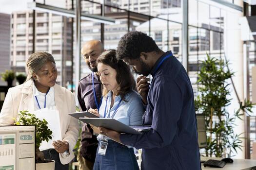 Administrator reviewing objectives data in a briefing meeting with the team, ensuring performance metrics in a modern corporation. Diverse staff members brainstorming new growth ideas. photo