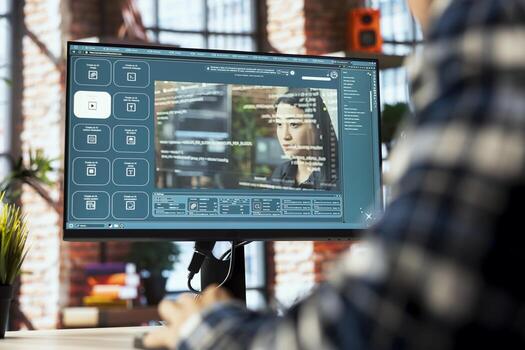 Graphic designer designing UX for AI software turning text prompt into photos. IT specialist in home office using machine learning tech to build text to image models photo