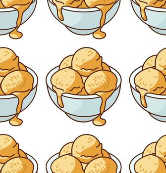 sin costura modelo de vainilla hielo crema cucharadas con caramelo Adición en azul bochas vector