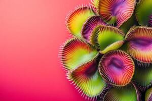 Top view Dionaea muscipula on a vibrant background, plant setting photo