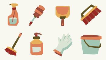Flat Color Cleaning Element Sticker Set with Earthy Tones in Cutout Style vector