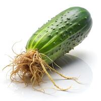 Roots Attached Cucumber Angled Front View Photo on White Background