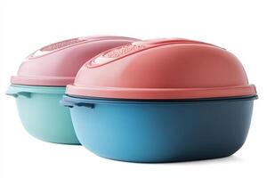 Two plastic containers with lids in different colors photo