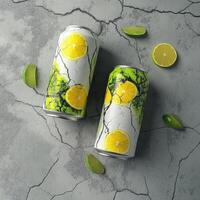 Two Cans of Lemon Lime Soda on a Cracked Concrete Surface photo