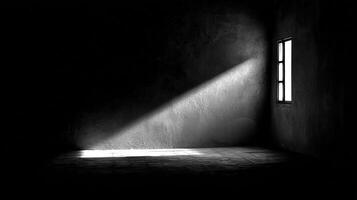 Light streams through a window, illuminating a dark and textured room. photo