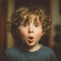 A surprised young boy with wide eyes and an open mouth stares in amazement. photo