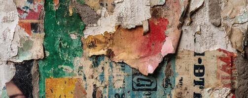 Weathered wall with peeling paint and fragments of old posters, creating a gritty urban aesthetic. photo