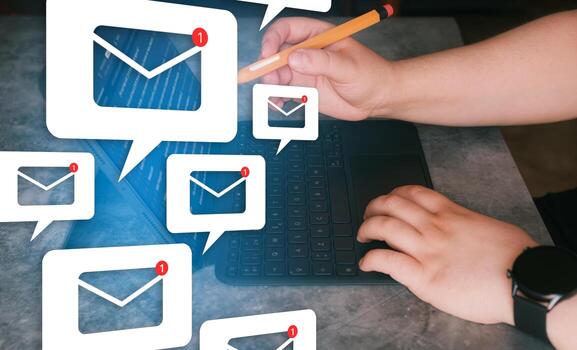 New email notification concept. Warning sign email spam interface. Email data digital marketing. Mail digital interface on digital tablet. photo