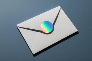 White envelope sealed with round holographic sticker on dark blue background, modern top view composition photo