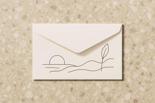 Closed envelope with minimalist nature line drawing on terrazzo background, eco stationery branding mockup photo