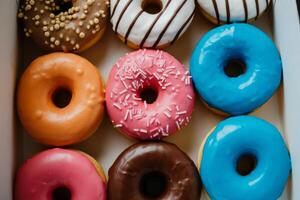 Colorful Assortment of Donuts in a Box Ready to Eat and Enjoy Delicious Sweet Treats photo