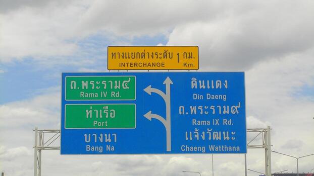 A collection of highway signs in Thai script against a cloudy sky, showing directions and exit routes in Bangkok's complex road system. photo