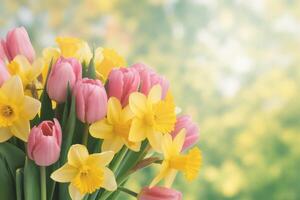 Beautiful Bouquet of Pink Tulips and Yellow Daffodils on a Spring Background Perfect for Celebrations photo