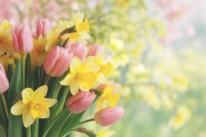Beautiful Bouquet of Spring Flowers featuring Tulips and Daffodils for Mothers Day or Easter with soft background and pastel colors photo