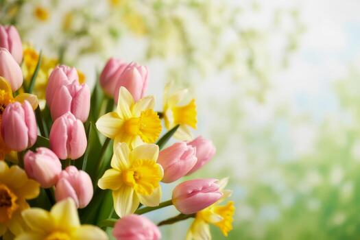 Spring Bouquet of Pink Tulips and Yellow Daffodils on Soft Green Background Symbolizing Renewal and Freshness with Copy Space photo