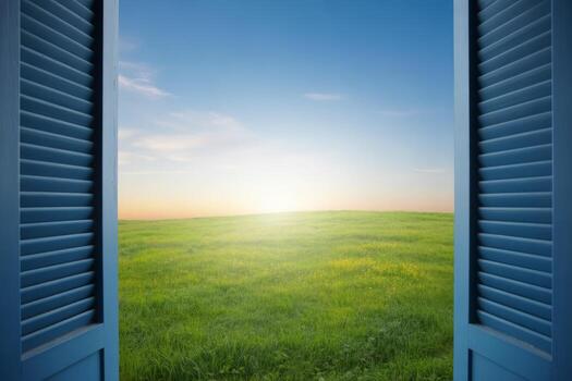 Open Window to a Green Field under a Blue Sky Symbolizing Opportunity and Fresh Start photo