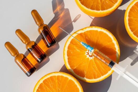vitamina C inyección con naranjas para inmunidad aumentar y sano estilo de vida promoción con luz de sol y sombra foto