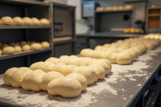 Rows of Proofing Bread Dough in a Bakery photo