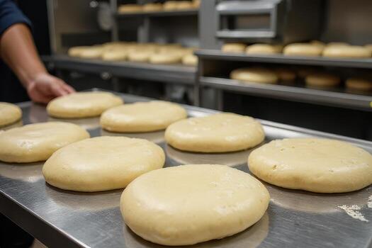 Flattened Dough Rounds in a Bakery photo