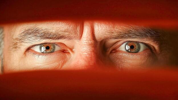 A close-up of a man's eyes peering through partially closed blinds. The eyes are sharp and focused, with distinct brown irises and a furrowed brow, conveying curiosity. photo