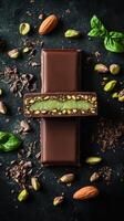 Chocolate bar with pistachio filling photo