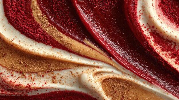 Red fruit puree and white cream swirled with brown crumbs in macro close-up. Abstract textured sauce smear. Food macro for packaging, dessert label and culinary design photo