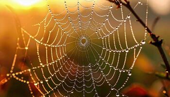 A spider web is covered in dew drops, creating a beautiful and serene scene. The spider web is a symbol of the delicate balance of nature and the interconnectedness of all living things photo