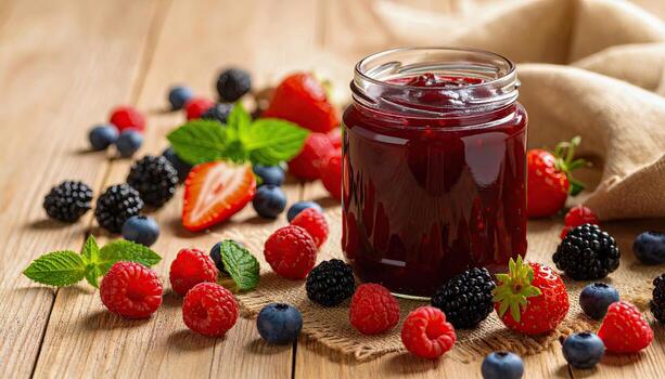 A jar of raspberry jam is on a table with a bunch of berries. The berries include blueberries, raspberries, and strawberries. The jar of jam is surrounded by the berries, creating a colorful photo