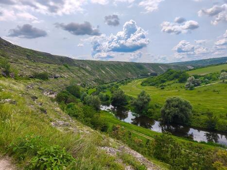 A lush green valley with a river running through it. The sky is cloudy, but the valley is full of life photo